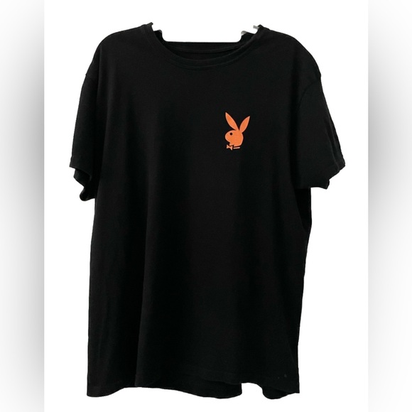 PLAYBOY Mens XL Black Coral/Orange Repeat Logo Shirt Entertainment Magazine EUC - Picture 2 of 7